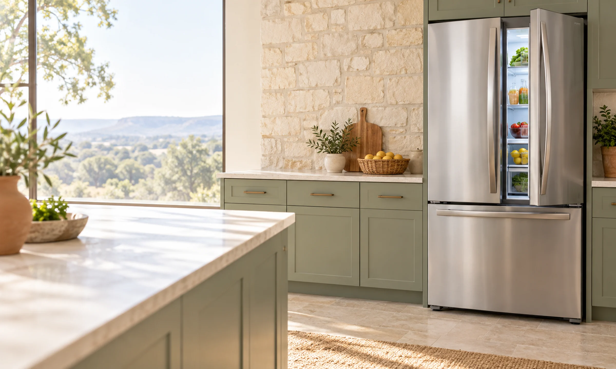 Bright Central Texas kitchen with a stainless refrigerator beside sage cabinets and a light limestone wall