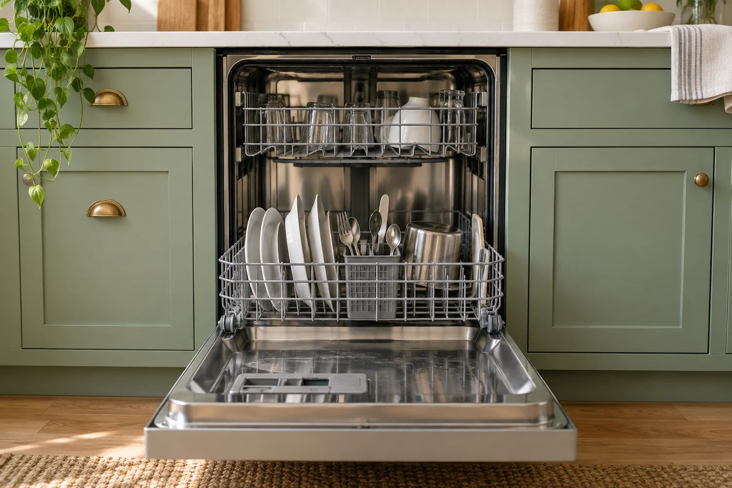 Open dishwasher with racks pulled out, set in sage green kitchen cabinets