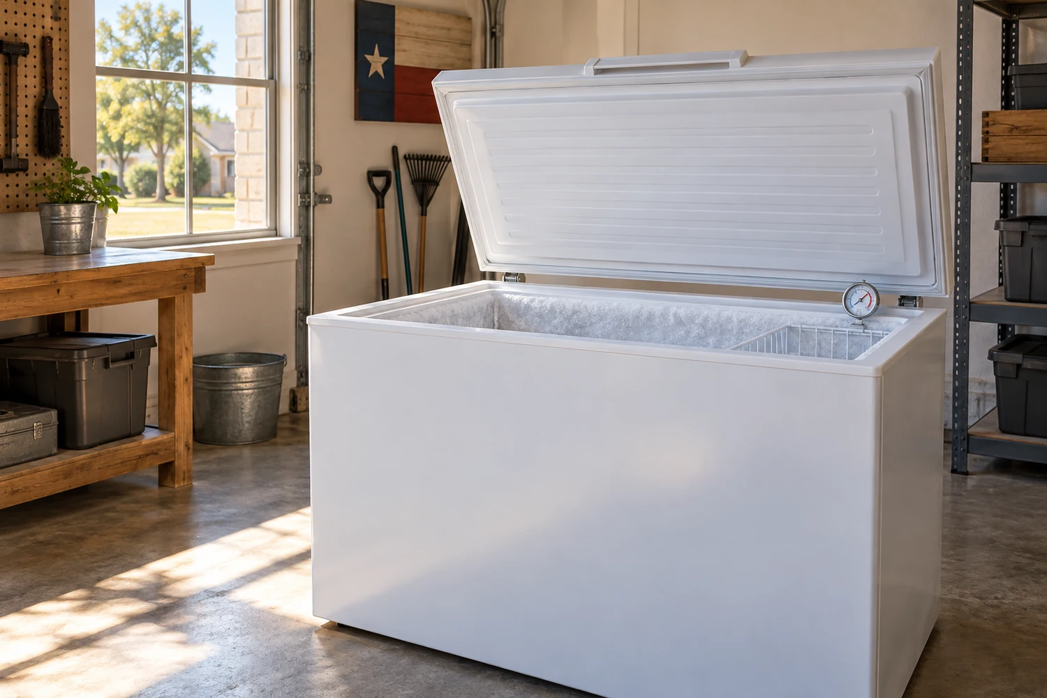 Open chest freezer with light frost on the walls and a thermometer inside