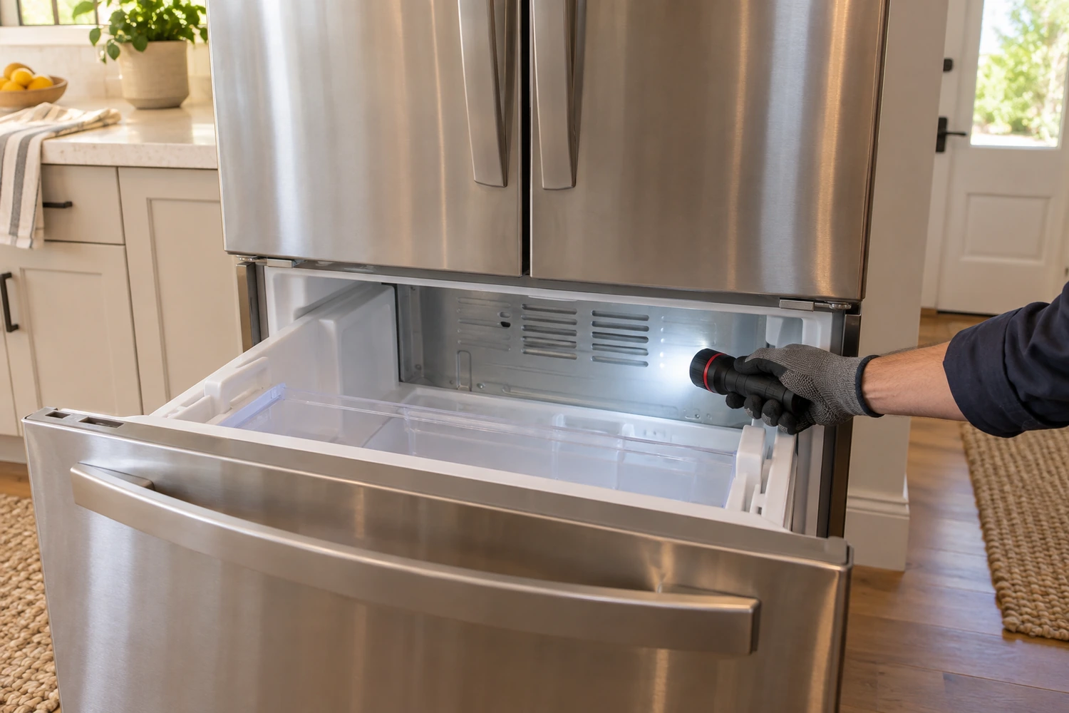 Gloved hand shining a flashlight into a refrigerator freezer compartment during an inspection