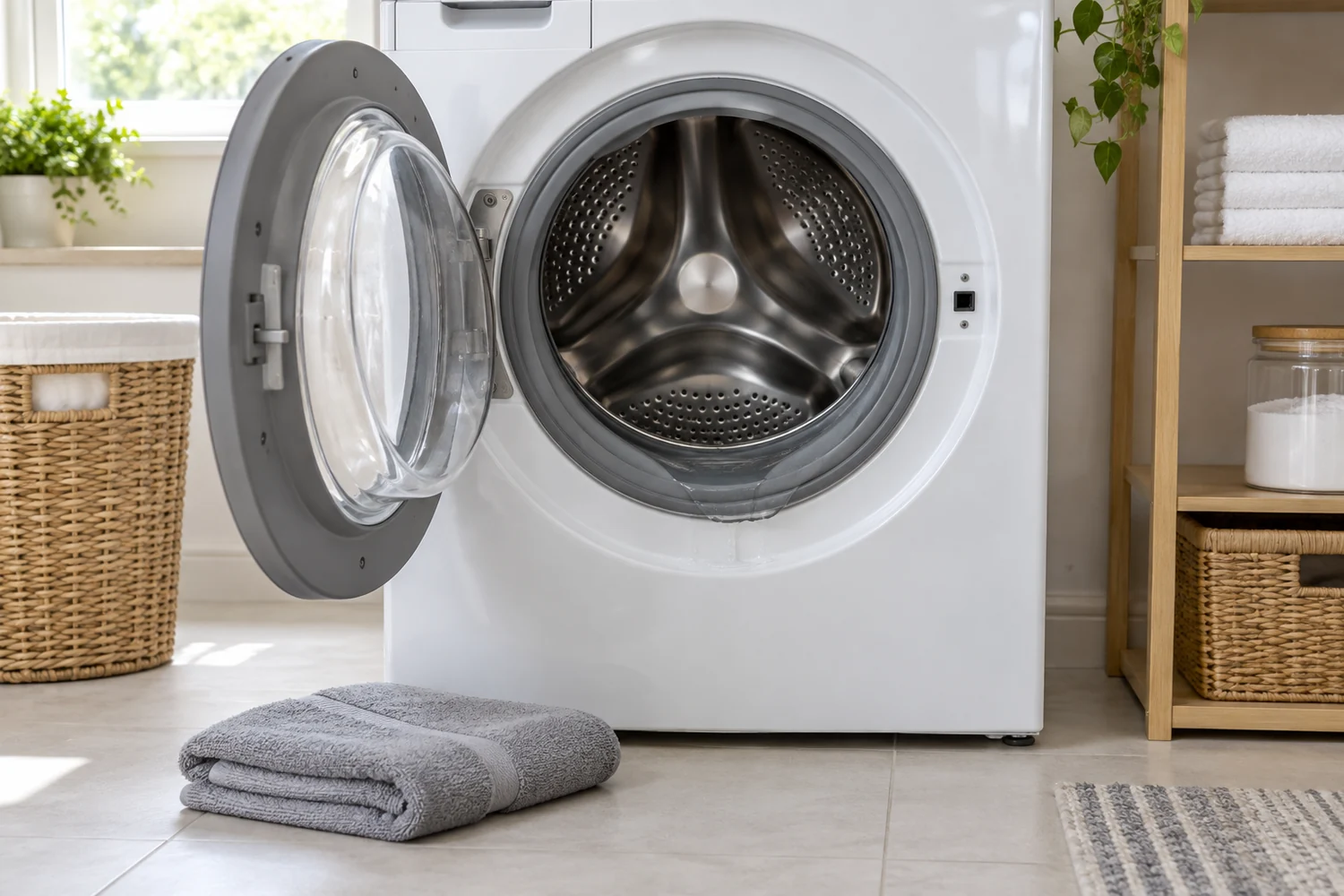 Front-load washer with a little water standing in the rubber door gasket