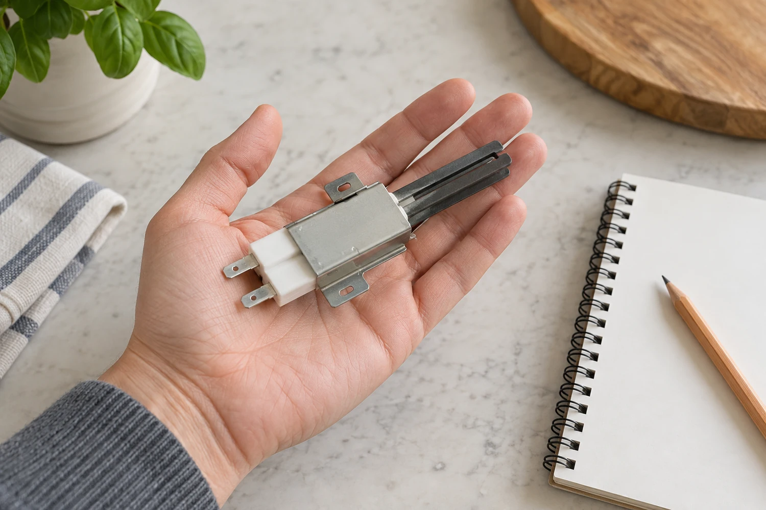 Hand holding an appliance replacement part over a blank notepad
