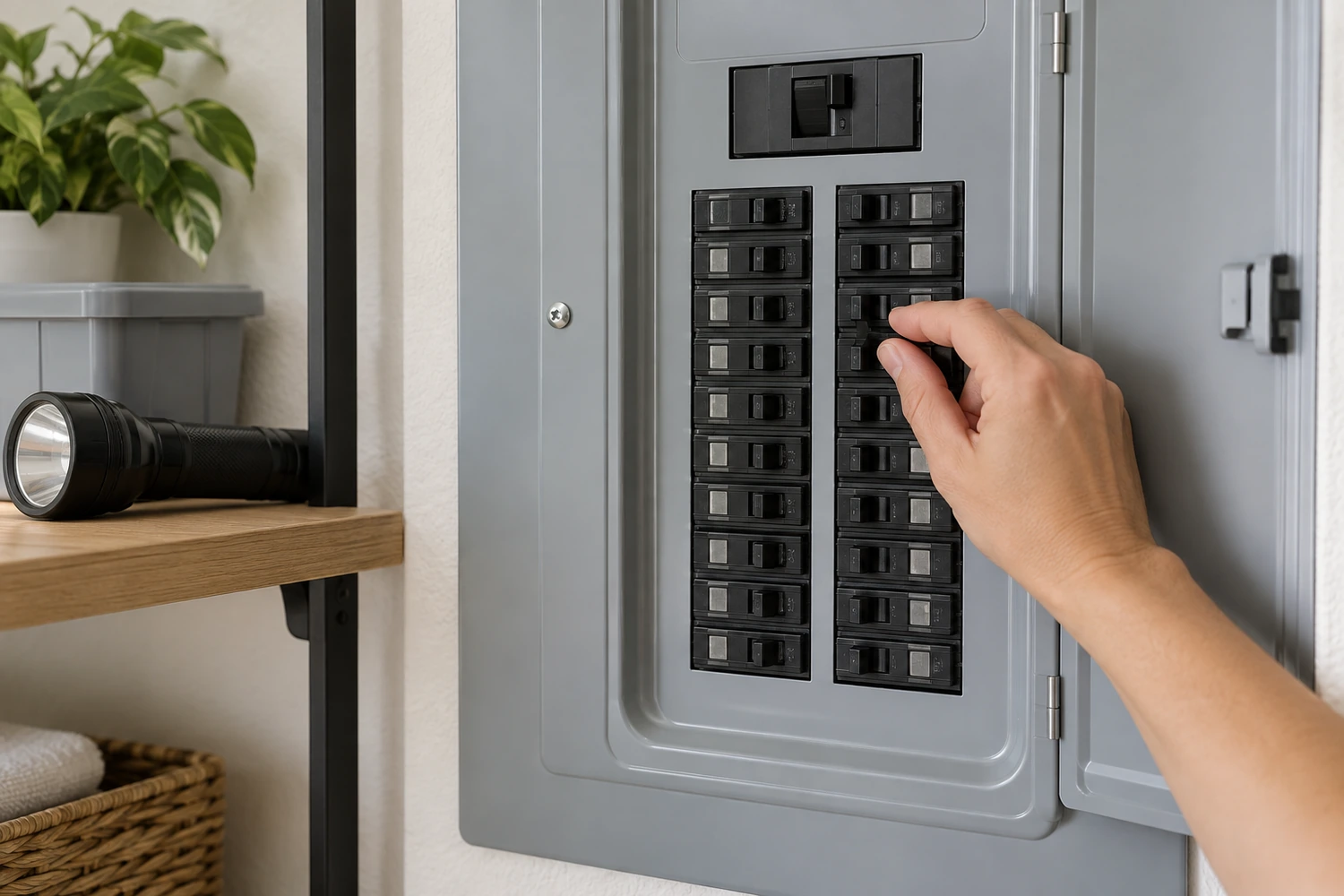 Hand checking a household breaker panel by flashlight