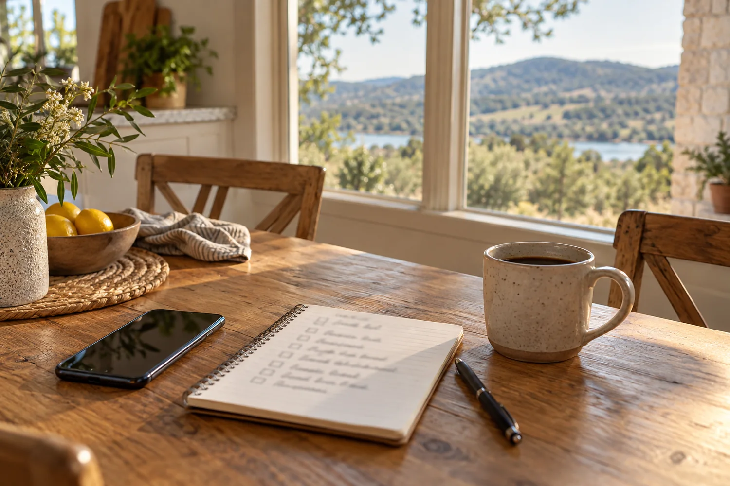 Phone and a printed checklist on a kitchen table
