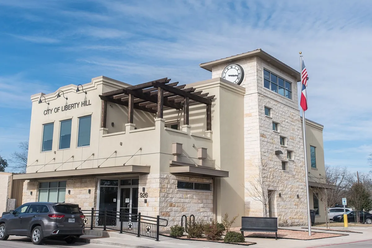 Buildings along a street in downtown Liberty Hill, Texas