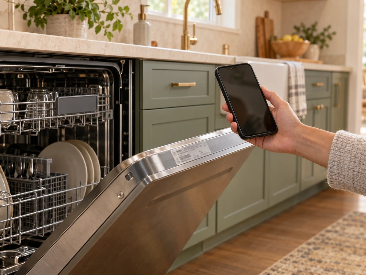 Hand holding a phone beside an open dishwasher with the model sticker visible on the door edge